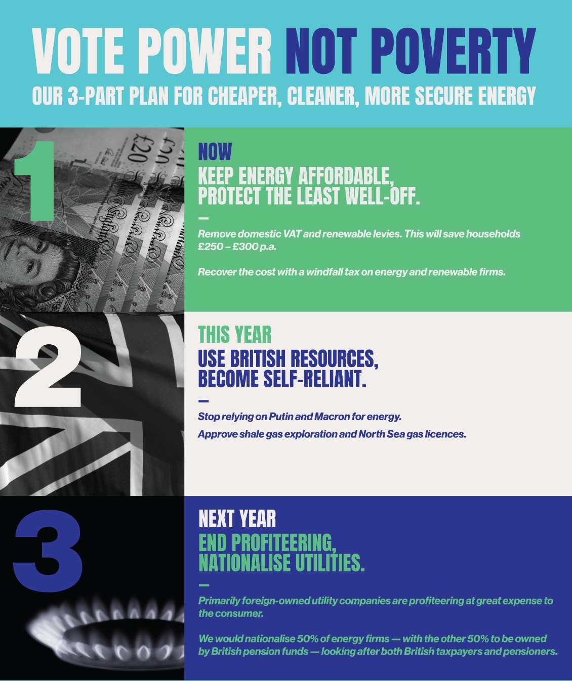 Supplied Reform UK three-point energy plan graphic